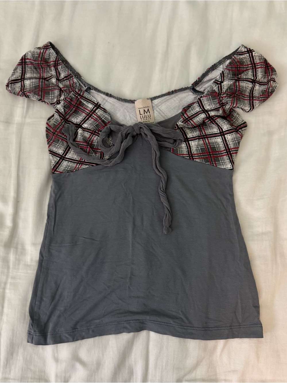 LM Lulu Patricia Forgeal Gray and red plaid off the shoulder top S